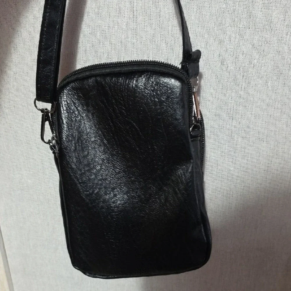 Black Faux Leather Multi Pocket Crossbody Bag Small Travel Shoulder Purse